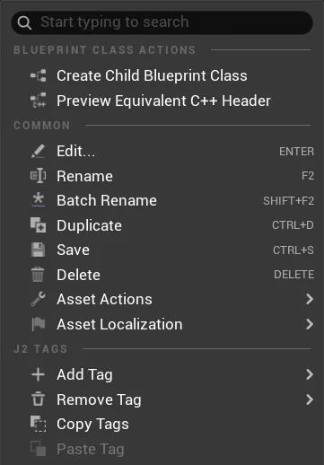 J2 Tags actions in an Unreal context menu