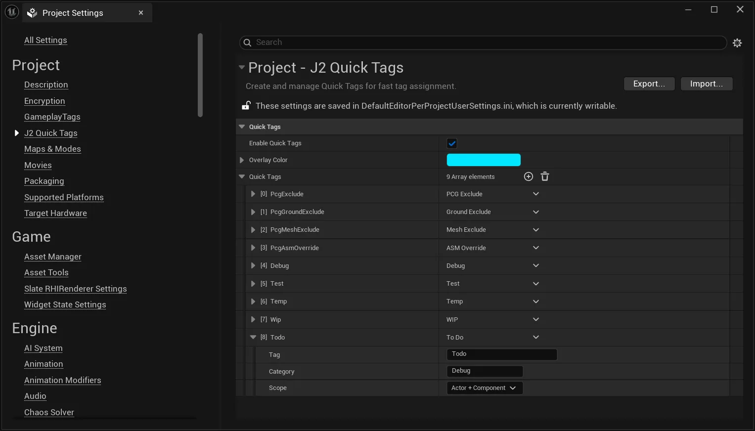 J2 Quick Tags settings