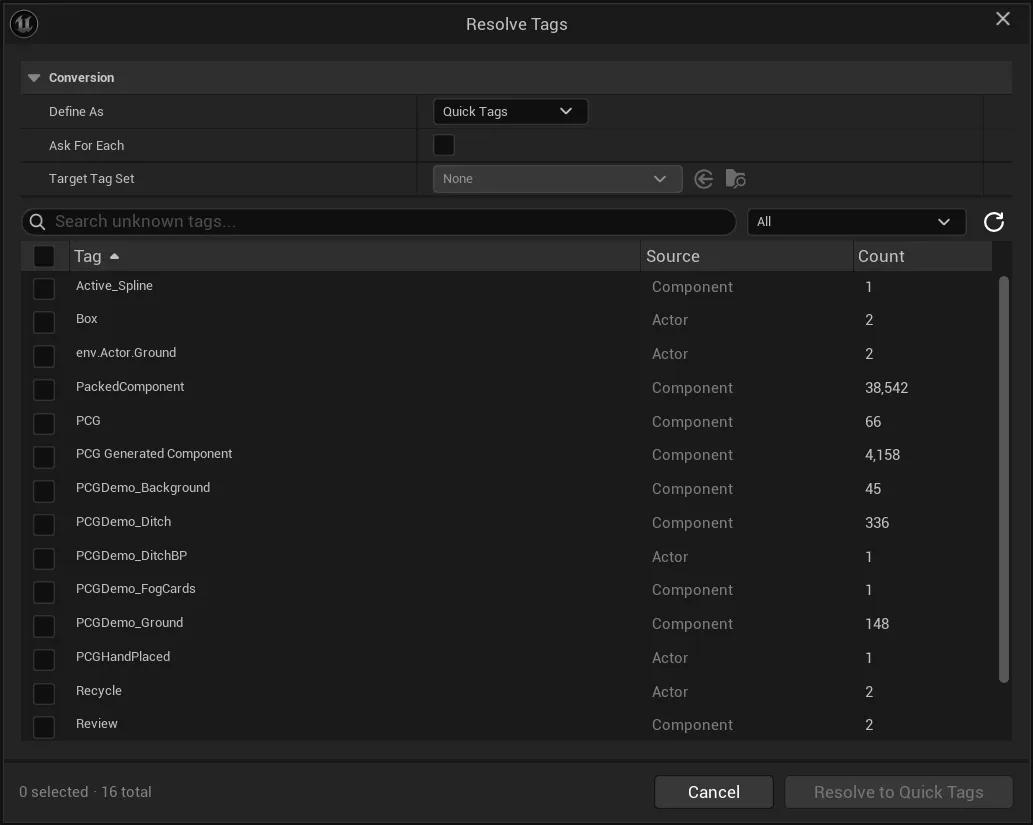 Resolve undefined tags to Quick Tags